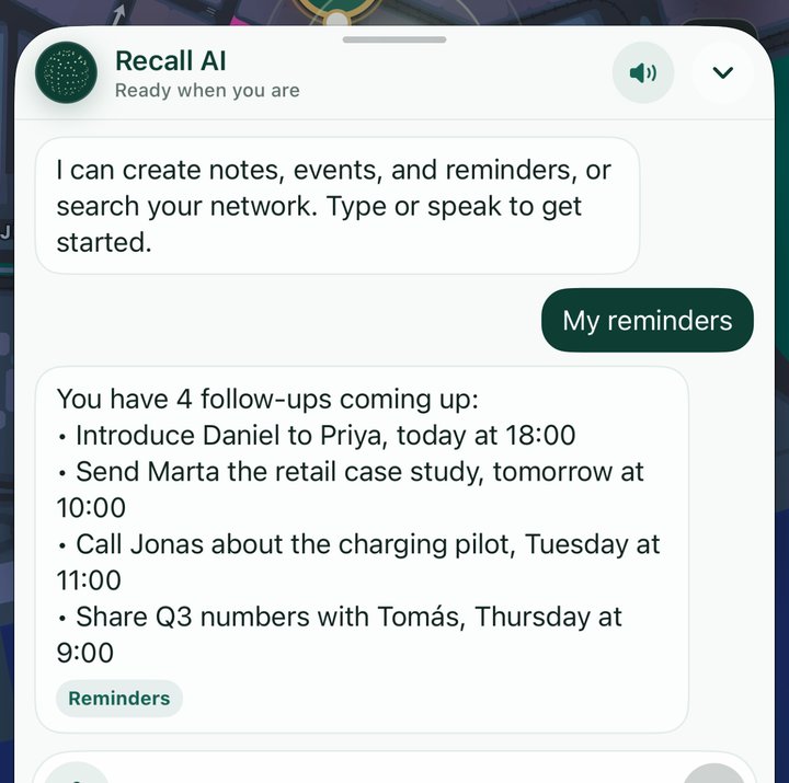 Recall AI answering My reminders with four follow-ups