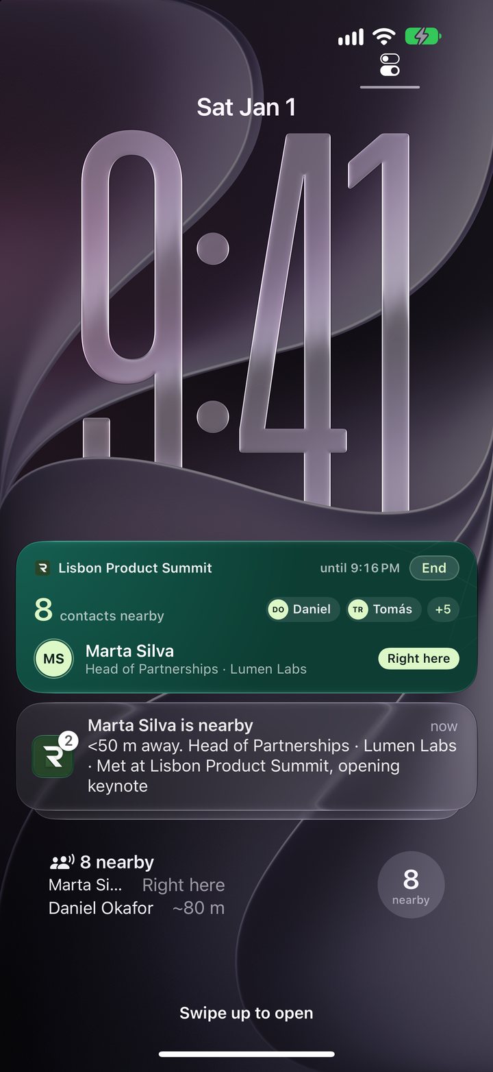 Lock Screen: Live Activity for Lisbon Product Summit, a nearby alert and the Nearby now widget