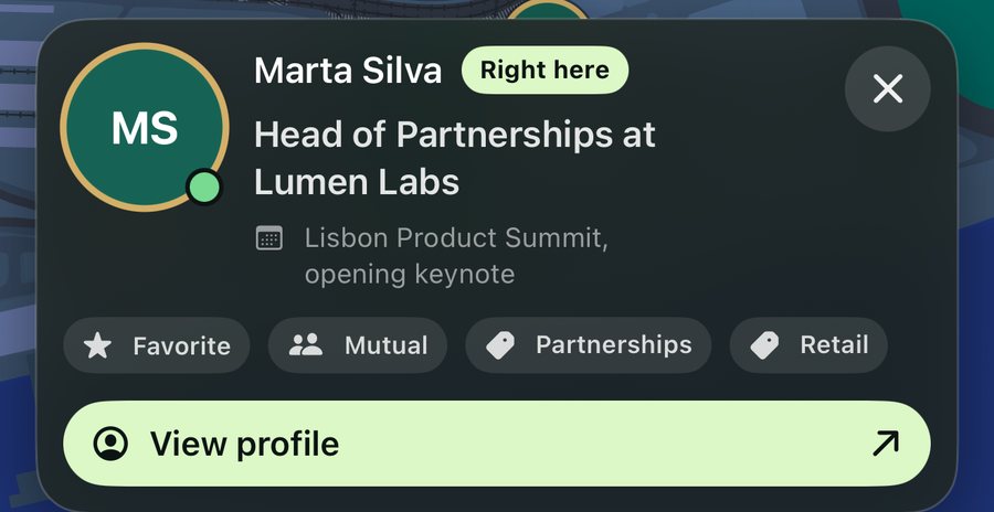Map card: Marta Silva, right here, Head of Partnerships at Lumen Labs